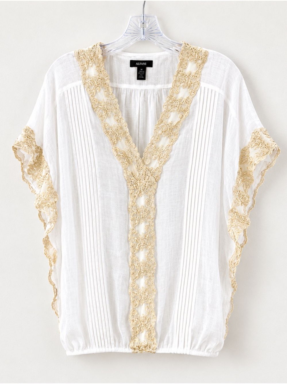 Alfani White Gold Lace Trim Blouse Size 10 Boho‎ Pintuck V Neck Top